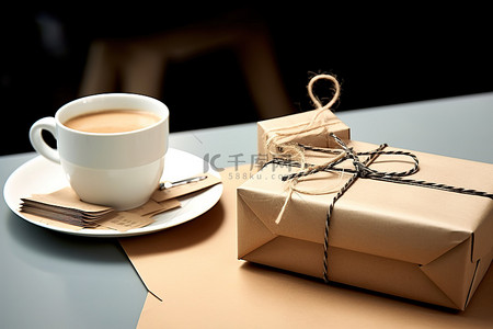 生日蛋糕通用劵背景图片_桌上放着纸质礼物和一杯咖啡