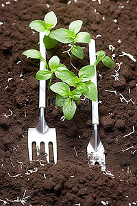 绿色植物发芽背景图片_地面种植工具和绿色植物