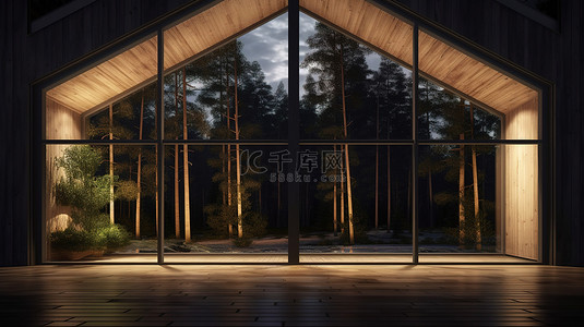 夜间森林环境的 3d 插图展示了带全景窗户的木屋外观设计