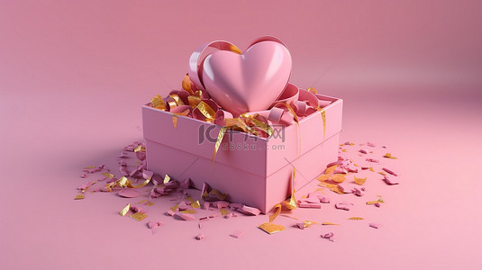情人节礼物盒背景图片_情人节礼物闪闪发光的 3D 粉色盒子，配有金丝带和心形