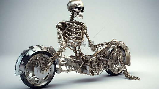 在 3D 渲染中带有闪亮金属骨架的蒸汽朋克自行车的独立前视图