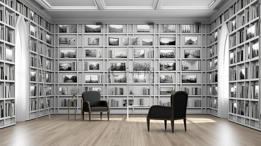 一间空图书室的内部 3D 草图，配有书架椅子和相框