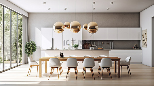 时尚现代的厨房和餐厅采用简约的室内设计 3D 渲染网页横幅