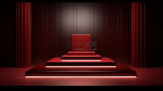 豪华 3D 渲染讲台舞台，采用深红色和银色抽象方形设计，用于产品促销