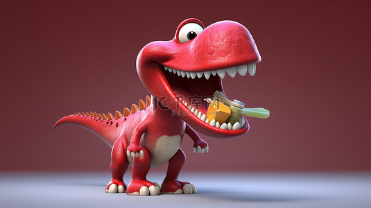 卡通牙背景图片_有趣的 3D 红色恐龙，手里有一颗强大的牙齿