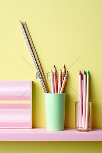 粉红色铅笔尺黑板胶带和架子上的纸