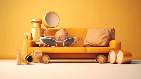 一系列设备滚筒优胜杯太阳镜和沙发，以 3D 搜索栏设计元素呈现