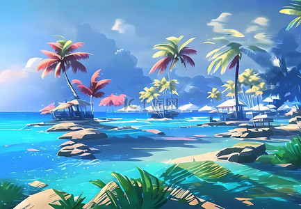 桉树卡通背景图片_海滩唯美椰子树风景