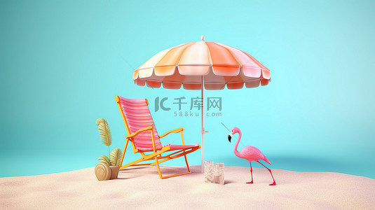 火烈鸟香椿背景图片_3D 插图描绘了夏季度假，配有火烈鸟浮伞人字拖和沙滩椅