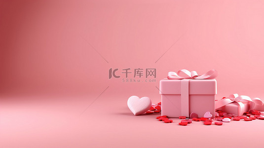 情人节横幅背景图片_充满活力的情人节横幅，配有心形礼物和粉红色背景 3D 渲染的盒子，带有文本空间