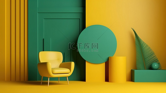 简约几何工作室时尚潮流的 3D 渲染，具有黄色抽象背景和讲台平台上的绿色扶手椅