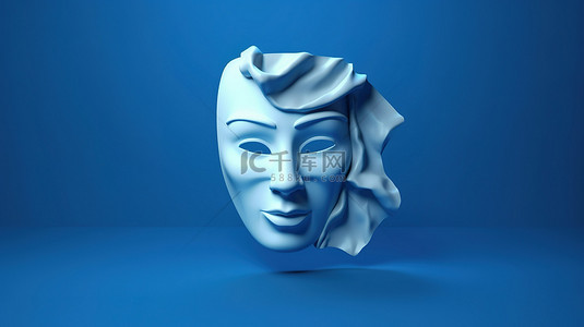 蓝色背景的 3D 插图，带有剧院面具，没有任何情感，有足够的复制空间