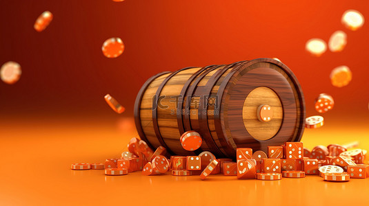 在线赌场充满活力的橙色背景下，赌场筹码和硬币从木桶中飞出的 3D 渲染