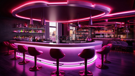 优雅的用餐氛围与现代风格，配有 3D 设计的红色和紫色吧台