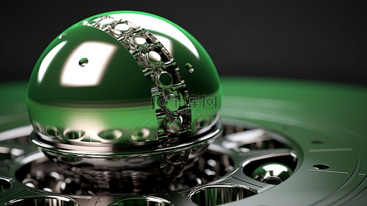 拉丝金属 3D 球，具有超现实的机械功能和浅绿色网格