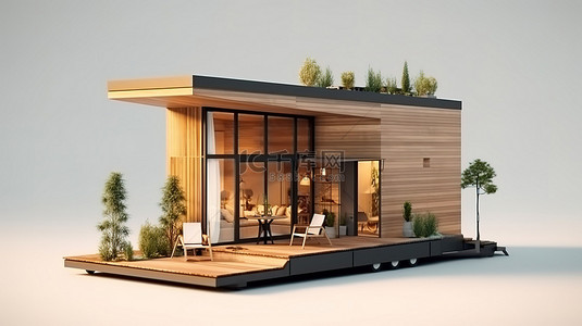 具有美丽木质外观的当代小住宅的 3D 插图