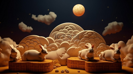 月饼背景图片_精致的满月云中秋节背景与3D渲染的兔子或兔子月饼