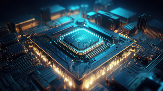 带有未来蓝色 CPU 处理器的电路板的 3D 渲染