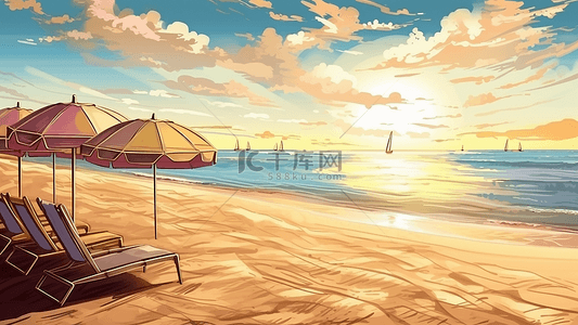 沙滩太阳伞背景图片_旅游沙滩海边落日背景