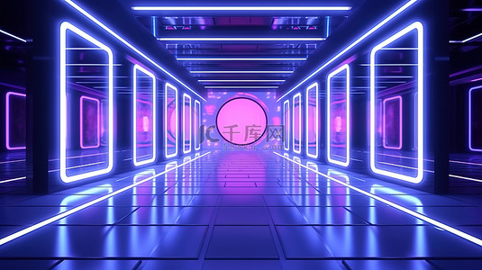 紫色科技背景图片_未来派霓虹灯照亮的讲台走廊现代主义科幻舞台