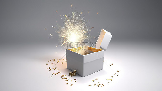 促销爆炸背景图片_用于商业设计的 3D 渲染中的空白凭证从打开的礼品盒中爆炸