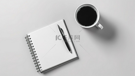 工作模板背景图片_美观的工作区白屏样机模板与 3D 渲染中的咖啡和笔记本搭配
