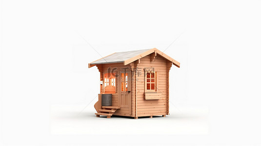 白色背景下采用红外技术的传统木制芬兰桑拿小屋的 3D 渲染