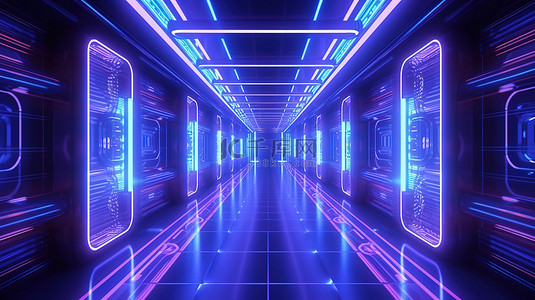 科幻走廊霓虹灯照亮的网络空间，带有激光束发光和未来派外星飞船透视 3D 渲染