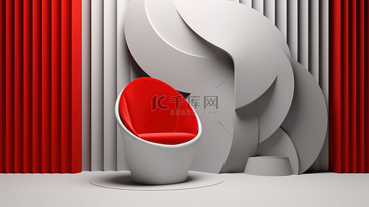 简约的灰色工作室，具有几何形状和讲台平台上的红色扶手椅 3D 渲染