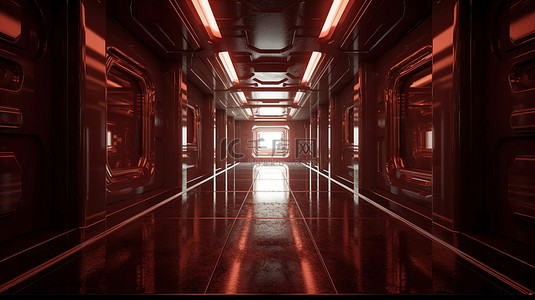 深红色抽象科幻走廊 3D 渲染杰作