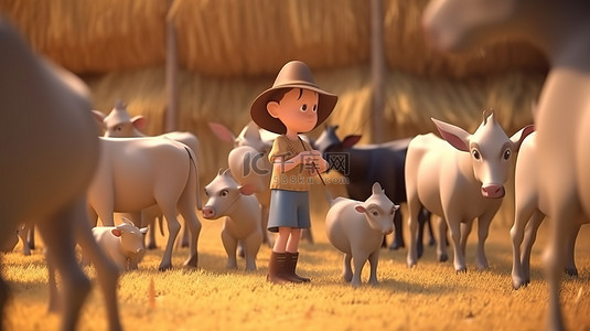 戴草帽的孩子 动物养殖活动的 3D 插图