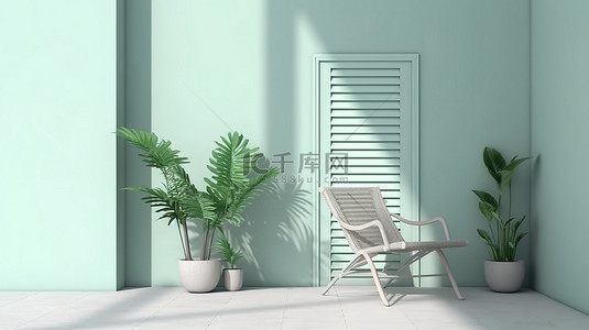 具有遮阳阴影和植物概念的门和椅子的单色柔和绿色 3D 渲染