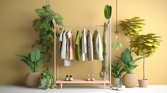 门地板背景图片_衣架上的衣服的 3D 渲染，架子上有植物和门，非常适合购物概念