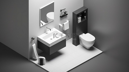 等距浴室水槽厕所和衣柜的单色 3D 图标