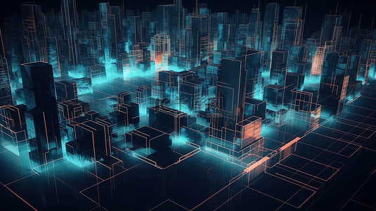 城市连接背景图片_虚拟城市景观计算机系统全息图中的 3d 渲染抽象世界