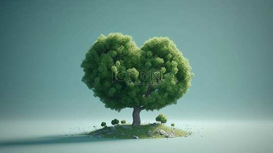 世界环境日 3D 渲染中的树和心图标