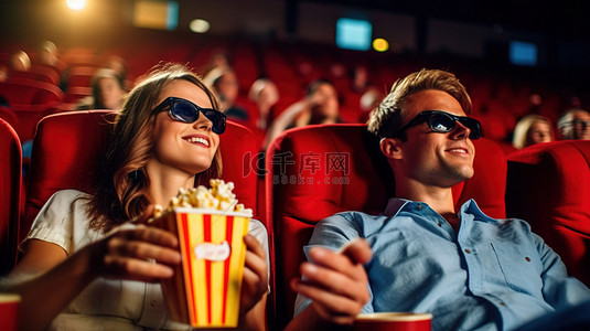 快乐的女孩背景图片_快乐的情侣在电影院享受 3D 电影和爆米花