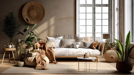 亚波西米亚风格背景图片_斯堪的纳维亚波西米亚风格的客厅 3D 渲染，装饰着家具和植物花瓶