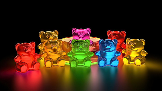 水果味背景图片_3D 渲染彩色果冻豆，形状为熊，具有软糖水果口味
