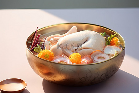 蔬菜床上盛满鸡肉的碗