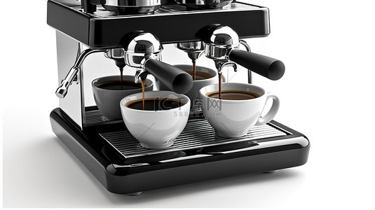 在白色背景上，时尚的黑色浓缩咖啡机通过 3D 插图制作两杯咖啡