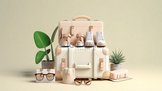 夏季度假风格 3D 渲染米色手提箱，配有白色眼镜相机包和鞋子