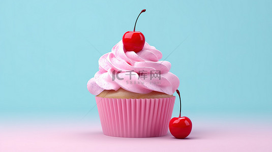 蓝色圣代冰淇淋纸杯蛋糕的双色调风格渲染，上面有粉红色背景的樱桃
