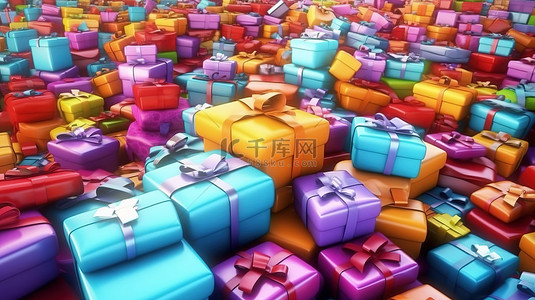 3D 制作的充满活力的礼品盒中装满了丰富的节日礼物
