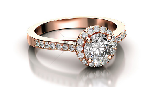钻戒玫瑰背景图片_精致的玫瑰金光环订婚戒指的 3D 渲染