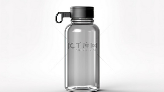 白色背景下带有灰色硅胶手柄的玻璃水瓶的真实 3D 插图