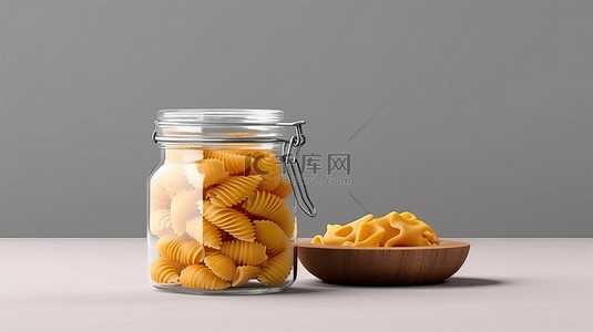 玻璃罐和面食模型的 3D 渲染，适合您的设计