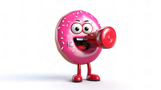 白色背景的 3D 渲染，展示一个大草莓粉色釉面甜甜圈角色吉祥物，拿着红色复古扩音器