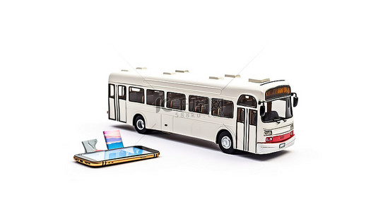 虚拟预订是通过手机预订旅行的现代方式 3D 渲染白色旅游巴士