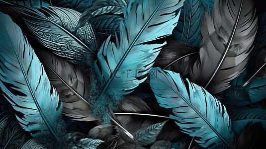 装饰羽毛背景图片_3D 艺术墙壁装饰海报，采用充满活力的蓝色绿松石和灰色叶子和羽毛设计